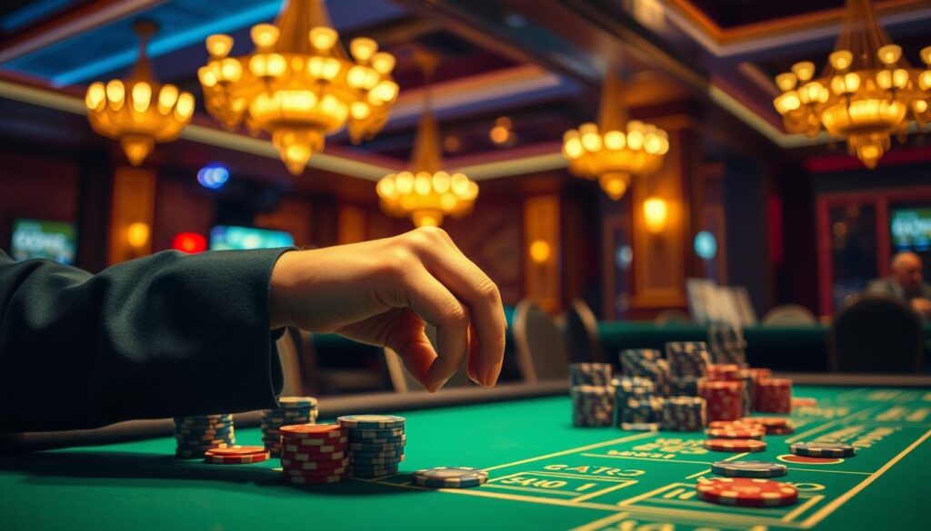 A well-lit casino table, the green felt surface reflecting the warm glow of overhead chandeliers. On the table, colorful casino chips of various denominations are neatly arranged, hinting at the strategic placement of bets. In the foreground, a player's hand hovers over the chips, poised to make a considered wager. The background is slightly blurred, drawing the viewer's attention to the pivotal moment of decision-making. The overall scene conveys a sense of thoughtful deliberation, capturing the essence of choosing the right bet in the game of baccarat.