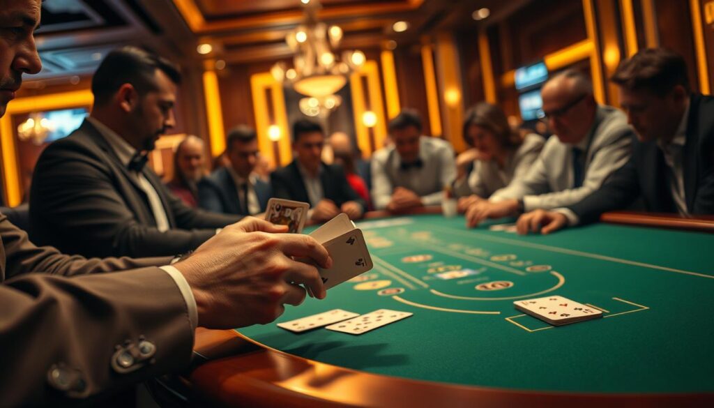 A well-lit casino table, with a green felt surface and polished wooden edges. Experienced players gathered around, intently focused on the game. In the foreground, a dealer's hands deftly shuffling and dealing the cards, creating a mesmerizing rhythm. The background softly blurred, hinting at the luxurious ambiance of the establishment. Warm lighting casts a subtle glow, highlighting the tension and anticipation of the high-stakes game of Baccarat. The composition conveys the strategic nuances and excitement of the game, inviting the viewer to immerse themselves in the world of Baccarat mastery.