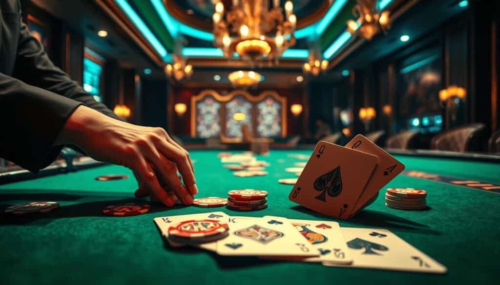 A well-lit casino table with a green felt surface, illuminated by warm overhead lighting. In the foreground, a skilled player's hands expertly arranging casino chips, exuding confidence. The middle ground features a close-up view of the baccarat cards being dealt, their crisp edges and intricate patterns capturing the intensity of the game. In the background, a dimly lit luxury casino interior, with elegant chandeliers and plush furnishings, creating an atmosphere of sophistication and high-stakes excitement. The overall scene conveys a sense of mastery and strategic thinking required to elevate one's baccarat gameplay.