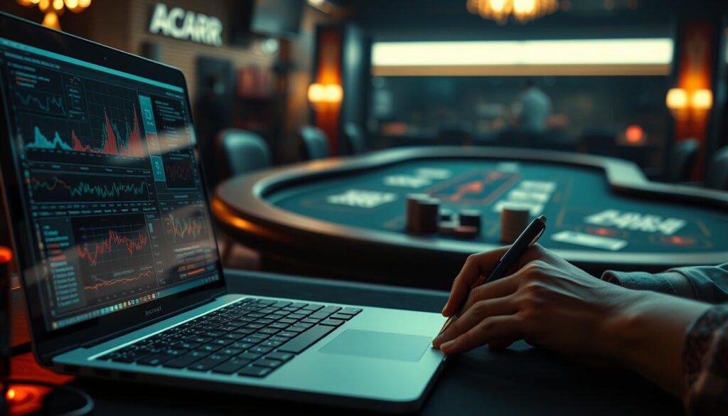 A well-lit, cinematic scene depicting the analytical process of predicting strategies for the game of Baccarat. In the foreground, a laptop displays complex data visualizations and statistical models. In the middle ground, a pair of hands meticulously document insights and formulate hypotheses. The background features a dimly lit, high-stakes Baccarat table, its cards and chips illuminated by soft, dramatic lighting, conveying the gravity and importance of the data-driven approach. The overall mood is one of focused intensity, technological prowess, and the pursuit of an edge in the captivating world of Baccarat.