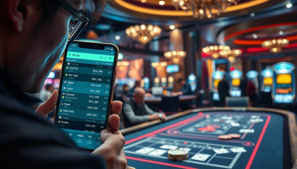 A well-lit, dynamic scene depicting the importance of real-time betting information in baccarat gameplay. In the foreground, a smartphone screen displays live betting odds and game data, casting a soft glow on the player's face as they study the information intently. In the middle ground, a casino table with cards, chips, and active players, conveying the intensity of the game. The background features the bustling atmosphere of a modern casino, with elegant decor, dim lighting, and the faint sounds of chatter and slot machines. The overall mood is one of focus, strategy, and the thrill of making informed decisions in the fast-paced world of baccarat.