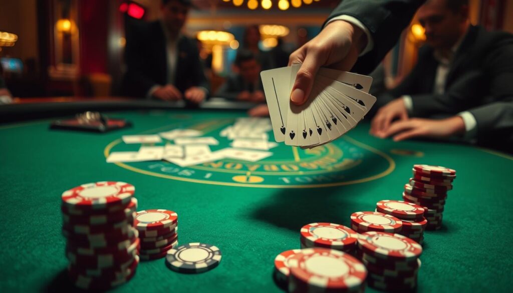 A well-lit, high-angle shot of a casino table with a green felt surface. A dealer's hands deftly shuffling a deck of playing cards, the cards fanning out in a graceful arc. In the foreground, casino chips in various denominations are neatly stacked, hinting at the potential for strategic gameplay and profitable outcomes. The background features the blurred silhouettes of other players, creating a sense of focus and intensity around the central action. The overall atmosphere conveys a mood of calculated risk-taking and the thrill of potential financial gain.