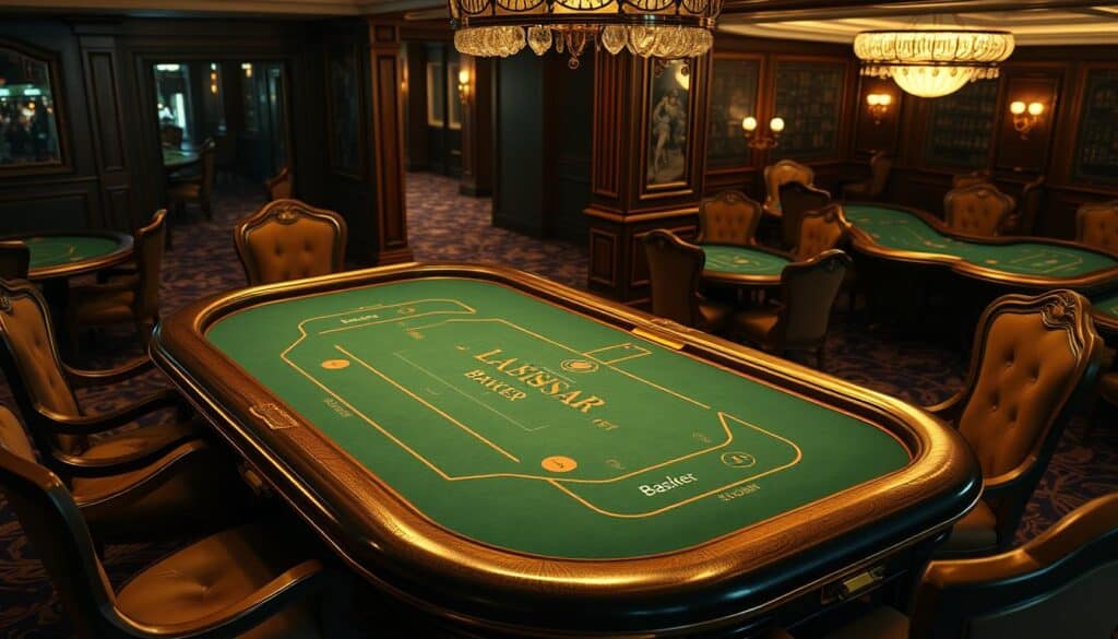 A well-lit, high-angle view of a traditional baccarat table set in a classy casino environment. The table features a green felt surface, with clear delineations for the player, banker, and tie bet areas. Ornate, gilded edges and trimmings accent the table's design, creating an air of elegance. The table is surrounded by classic casino chairs, with subtle lighting fixtures overhead casting a warm glow. In the background, a glimpse of the casino's interior is visible, showcasing plush carpets, wall decor, and perhaps a few other gaming tables. The overall scene conveys a sense of sophistication and high-stakes gaming.