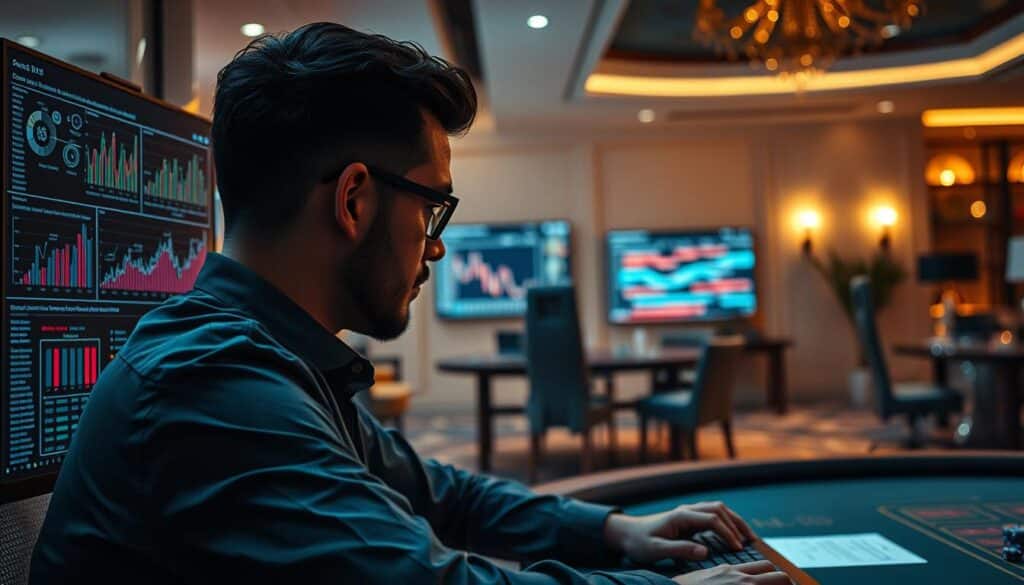 A well-lit, high-quality image depicting a successful case study of data analysis methods used to enhance baccarat gameplay strategies. The foreground showcases a computer screen displaying charts, graphs, and statistical models, with a contemplative player studying the data intently. The middle ground features a clean, modern workspace with a comfortable chair and minimal clutter, creating a focused atmosphere. The background subtly hints at an elegant casino environment, with hints of luxurious furnishings and discreet lighting to suggest an upscale setting. The overall mood is one of thoughtful deliberation, where strategic insights have been derived from a careful, data-driven approach to improving one's baccarat skills.