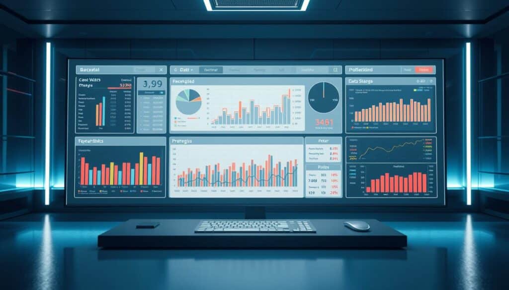 A well-lit, high-resolution 3D rendered image of a beautifully crafted data analysis dashboard for baccarat. The dashboard displays detailed statistical charts, graphs, and data visualizations that provide deep insights into baccarat gameplay strategies and probabilities. The dashboard is set against a sleek, modern office or gaming environment, with clean lines, minimal design, and a calm, professional atmosphere. The layout is intuitive and easy to navigate, showcasing the power of data-driven decision-making in baccarat. The overall composition conveys a sense of analytical mastery and strategic prowess in the world of baccarat.