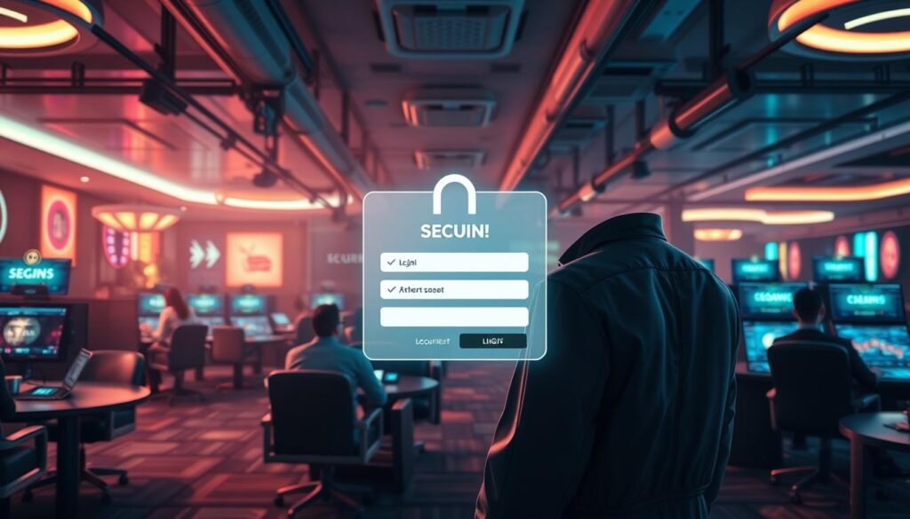 A well-lit, high-resolution image depicting the interior of a modern online casino. The foreground shows a sleek, secure login interface with cutting-edge encryption and two-factor authentication measures. The middle ground features staff members monitoring activity and responding to player inquiries through seamless customer service channels. The background showcases a serene, elegant gaming environment with plush furnishings, subtle mood lighting, and discreet surveillance systems ensuring a safe, enjoyable experience for players. The overall atmosphere conveys a sense of professionalism, reliability, and unwavering commitment to player security and satisfaction.