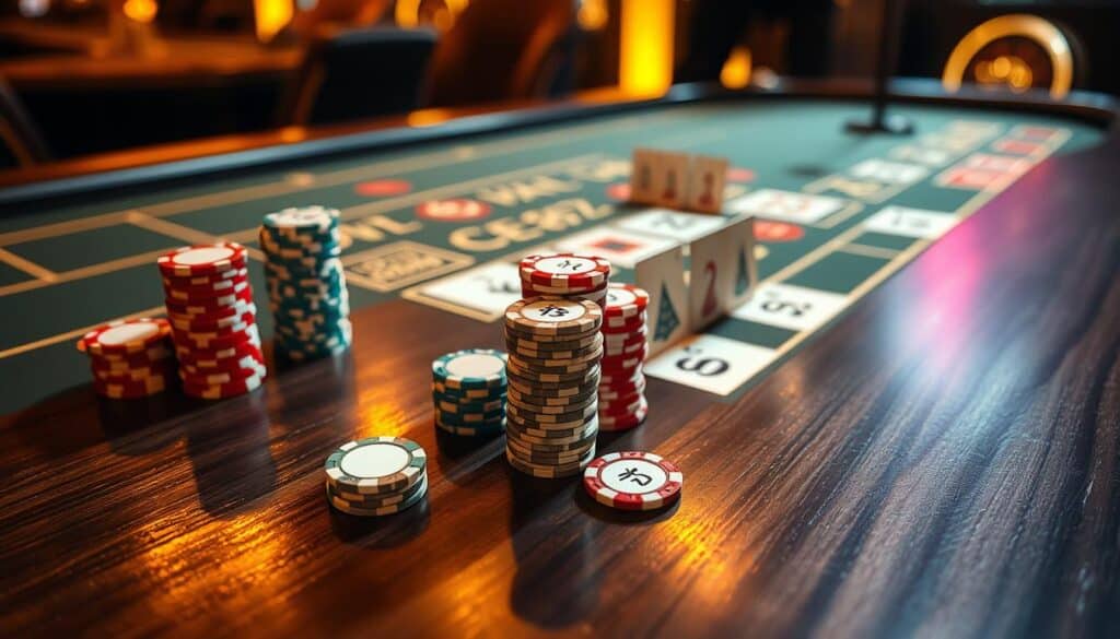 A well-lit, high-resolution image of a casino table showing a clear and distinct display of chips and betting markers arranged to illustrate the concept of "投注金額設定". The table surface is made of polished dark wood, creating a sophisticated ambiance. The chips are stacked neatly in different denominations, with a few larger stacks representing higher betting amounts. The betting markers are precisely positioned, indicating various betting options and limits. The lighting is warm and inviting, creating depth and highlighting the details of the table elements. The composition is balanced, drawing the viewer's attention to the central focus of the betting setup.