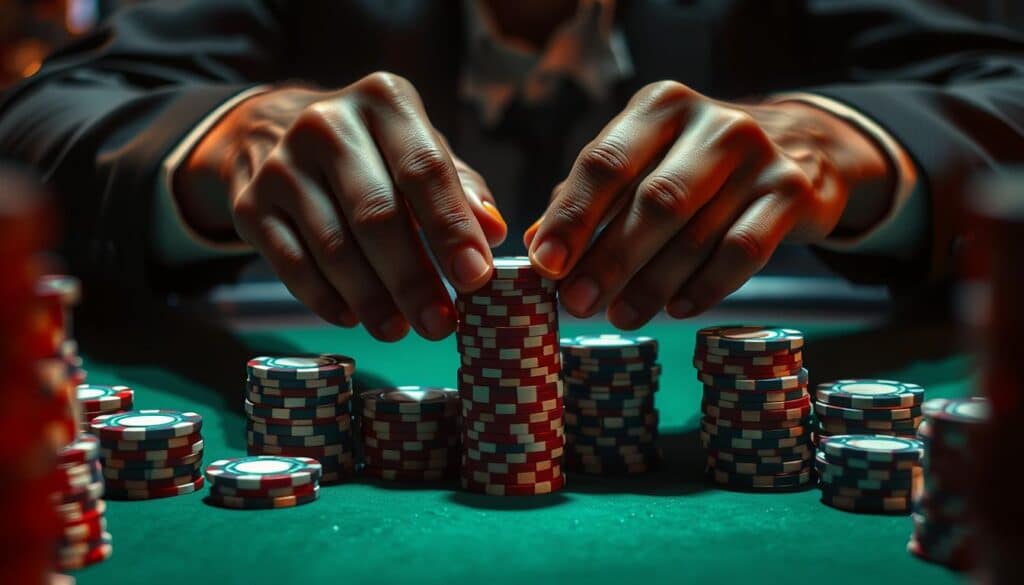 A well-lit, high-resolution image of a person's hands carefully counting stacks of casino chips on a green felt table. The chips are organized into neat piles, representing different denominations. The hands are positioned in a thoughtful, controlled manner, conveying a sense of discipline and strategy. The lighting creates dramatic shadows, adding depth and focus to the scene. The background is blurred, keeping the attention on the careful management of the betting chips. The overall mood is one of concentration, responsibility, and the measured approach to gambling.