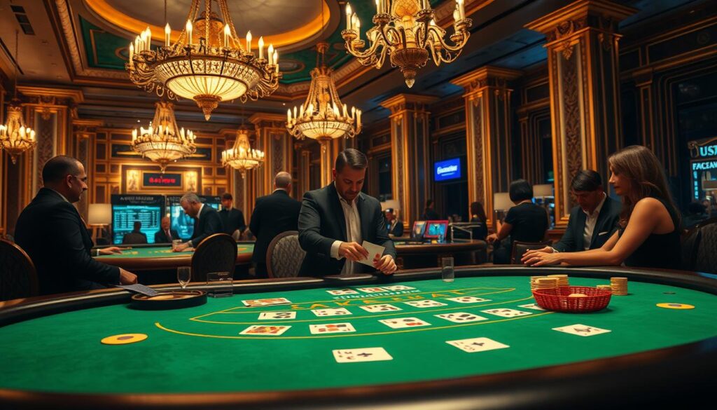 A well-lit, high-resolution image of the rules and gameplay of the classic casino game "Baccarat". The foreground depicts a baccarat table with the necessary elements - the green felt surface, betting areas, and card suits. The middle ground showcases a dealer skillfully dealing cards, while players observe the action intently. The background features a luxurious casino interior, with ornate chandeliers, gilded columns, and an air of sophistication. The lighting is warm and inviting, creating a sense of elegance and excitement. The overall composition conveys the strategic nature of baccarat, as well as the thrill of the game for both casual and experienced players.