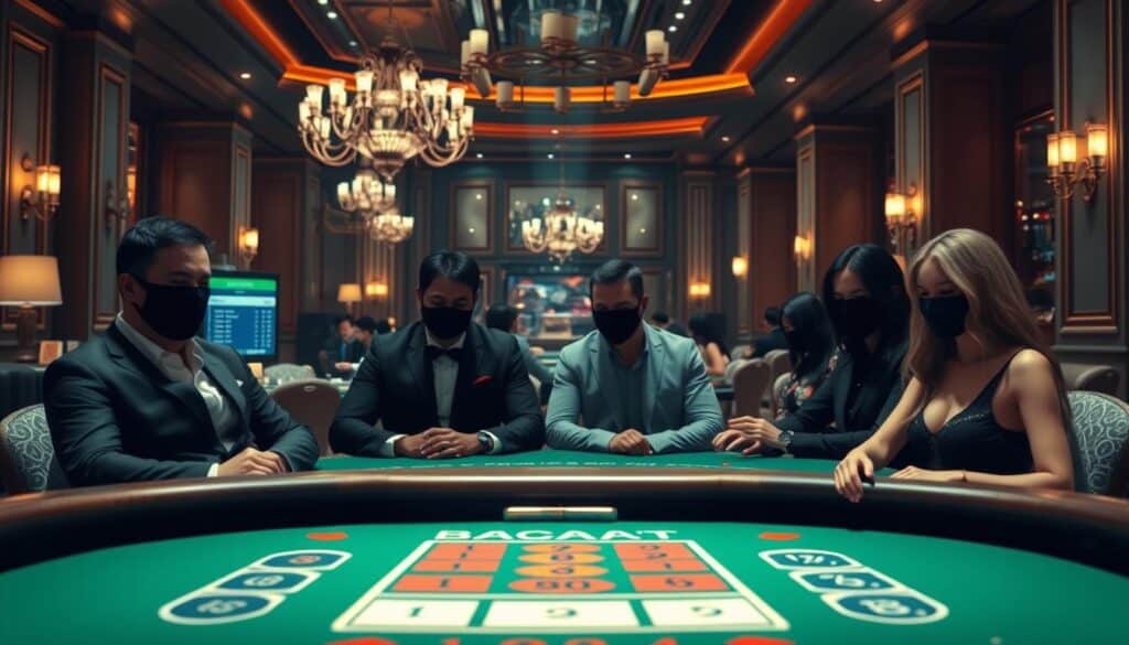 A well-lit interior of a modern online casino, featuring a prominent baccarat table in the foreground. The table is draped in a luxurious green felt, with elegant white and gold accents. Sophisticated casino patrons are seated around the table, their faces obscured, focused intently on the game. The background is filled with subtle details like chandeliers, plush furnishings, and the warm glow of wall sconces, creating an atmosphere of refined elegance and high-stakes excitement. The lighting is balanced, casting dramatic shadows and highlights to accentuate the table's features. The camera angle is slightly elevated, giving a dynamic, cinematic perspective on the scene.