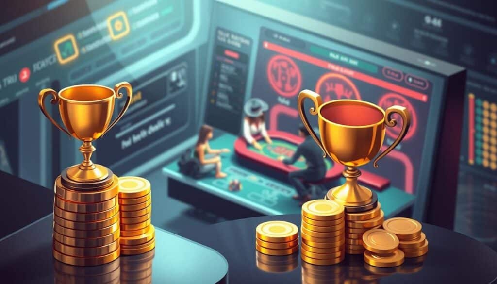 A well-lit, isometric illustration depicting the "Loyalty Bonus Mechanism" concept. In the foreground, a stack of gold coins and a trophy cup, symbolizing the rewards for player loyalty. In the middle ground, a group of gamblers engaged in a lively baccarat game, showcasing the interactive nature of the online casino experience. The background features a sleek, modern online casino interface with clean lines and subtle design elements. The overall mood is one of excitement, prosperity, and a sense of connection between the players and the platform. The lighting is soft and warm, creating a welcoming and inviting atmosphere.