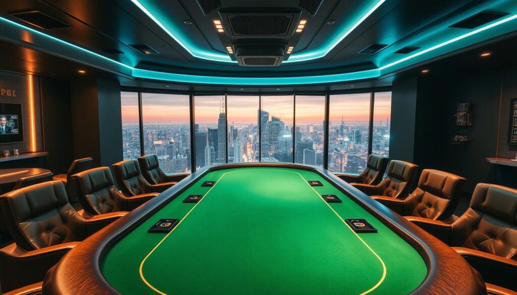 A well-lit, modern online casino interior with a sleek, minimalist design. The focal point is a large green felt gaming table in the center, surrounded by plush leather chairs and high-end lighting fixtures. In the background, a panoramic window offers a scenic view of a bustling city skyline. The atmosphere exudes a sense of sophistication, security, and trust, with discreet security measures seamlessly integrated into the design. The lighting is warm and inviting, creating a comfortable and safe environment for players. The overall composition conveys the idea of a secure, reliable, and enjoyable online gaming experience.