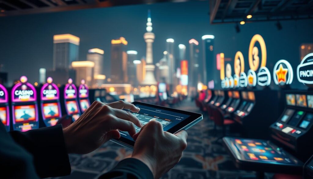 A well-lit, modern online casino scene with a focus on a secure gaming platform. In the foreground, a person's hands interacting with a sleek, responsive interface on a tablet device, emphasizing intuitive controls and data encryption. The middle ground features rows of digital slot machines and table games, radiating a sense of excitement and fairness. The background showcases a cityscape at night, with glimmering skyscrapers and neon signs, creating an atmosphere of urban sophistication. Soft, warm lighting illuminates the scene, evoking a feeling of safety and trustworthiness. The overall composition conveys the importance of choosing a secure, reputable online gaming platform for an enjoyable and worry-free experience.