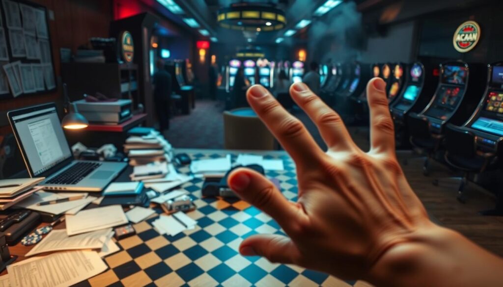 A well-lit office desk with a cluttered workspace, papers and documents scattered haphazardly, a laptop and pen tray in disarray. In the foreground, a hand gestures in frustration, highlighting common mistakes made in the game of Baccarat - unorganized betting strategies, lack of bankroll management, and impulsive decision-making. The middle ground features a chessboard-patterned floor, with a sense of tension and unease. The background portrays a dimly lit, smoke-filled casino atmosphere, with the faint sounds of slot machines and hushed conversations, evoking the high-stakes environment where these errors often occur.
