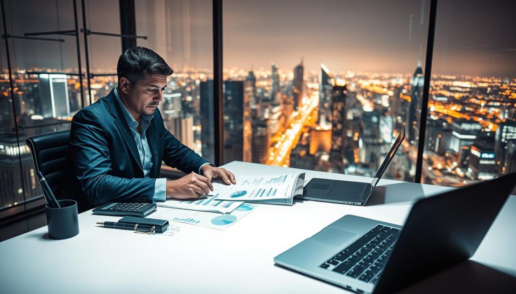 A well-lit office setting with a businessperson sitting at a sleek, modern desk, intently studying financial documents and charts. In the background, a large window offers a panoramic view of a bustling cityscape, symbolizing the broader economic landscape. The lighting is warm and focused, creating a contemplative atmosphere. The desk is adorned with a calculator, a pen holder, and a laptop, conveying the tools of the trade. The person's expression is one of deep concentration, underscoring the gravity and importance of the task at hand - managing funds and mitigating risks. The overall scene evokes a sense of professionalism, expertise, and the critical role of financial management in navigating the complexities of the business world.