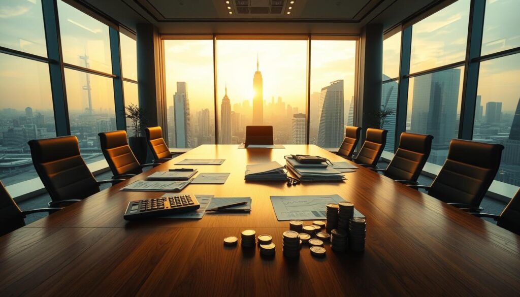 A well-lit, panoramic view of a sleek, modern office space with a large, wooden conference table in the foreground. On the table, various financial documents, a calculator, and a neatly organized stack of coins and bills. In the background, a floor-to-ceiling window overlooking a bustling cityscape, bathed in warm, golden sunlight. The mood is one of efficiency, organization, and financial prudence. The camera angle is slightly elevated, giving a sense of control and mastery over the financial strategies being explored.