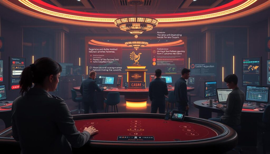 A well-lit, panoramic view of an elegant online casino website's key processes. In the foreground, a user navigates seamlessly through the registration and login flows, their actions highlighted by soft, indirect lighting. In the middle ground, the backend operations team optimizes database queries and infrastructure for maximum performance. In the background, a team of designers refine the UI/UX, incorporating customer feedback for continuous improvement. The scene conveys a sense of harmony, efficiency, and a relentless drive to enhance the user experience of the baccarat gaming platform.