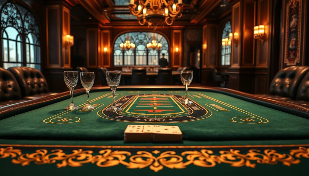 A well-lit tabletop in a chic casino setting, showcasing the classic Baccarat table layout. The felt surface is emerald green, with intricate gold detailing and discreet markings for the Player, Banker, and Tie bets. Elegant crystal glasses and a deck of playing cards are neatly arranged, evoking an air of sophistication. Warm lighting from chandeliers casts a soft glow, creating a inviting atmosphere. The table is flanked by plush leather armchairs, hinting at the thrilling gameplay and the chance to experience the timeless allure of this captivating casino game.