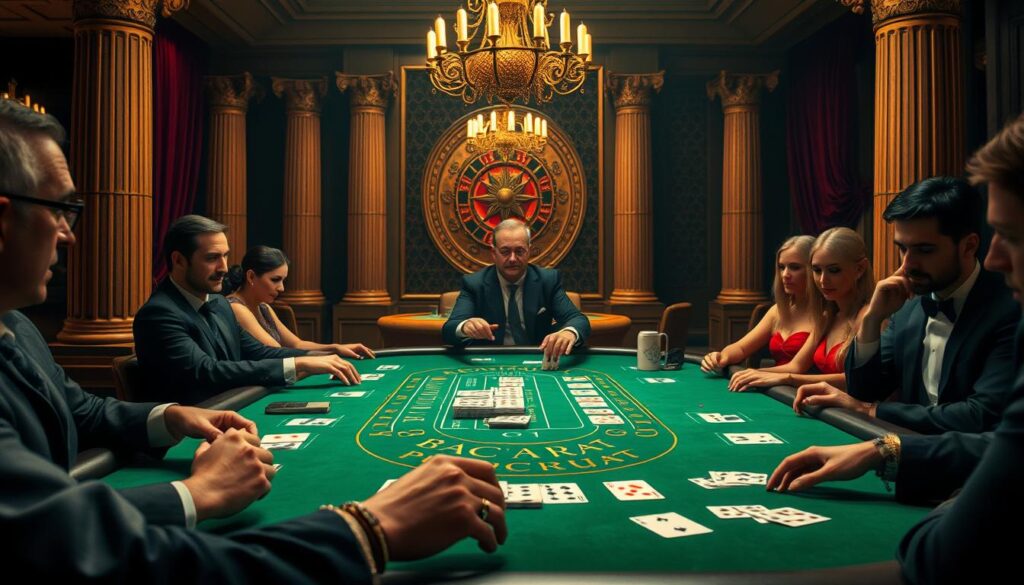 An elaborately detailed baccarat card dealing process in a luxurious casino setting. A dealer's hands expertly shuffling and dealing the cards on a green felt table, surrounded by ornate columns and rich burgundy draperies. Warm lighting casts a gentle glow, creating an atmosphere of anticipation and sophistication. The table is flanked by players eagerly awaiting the outcome, their faces a mix of concentration and excitement. The background is dimly lit, drawing the viewer's focus to the central action of the card dealing. The scene conveys the precision, tradition, and excitement of the baccarat game.