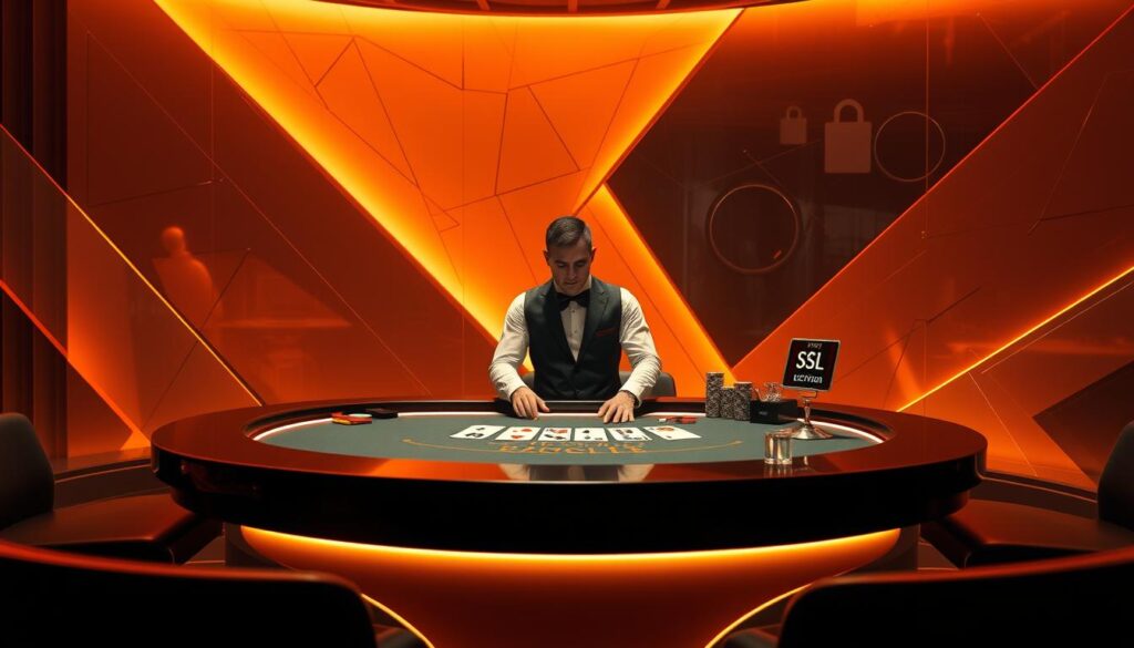 An elegant and secure online baccarat experience, illuminated by warm ambient lighting and sleek modern design. A virtual gaming table set against a backdrop of abstract geometric patterns, conveying a sense of precision and technological sophistication. The dealer, rendered in hyper-realistic detail, exudes an air of professionalism and trustworthiness. Subtle cues, such as SSL encryption indicators, discreetly communicate the platform's commitment to user safety and data protection. The overall composition evokes a harmonious blend of luxury, convenience, and unwavering integrity - the hallmarks of a premium online baccarat destination.