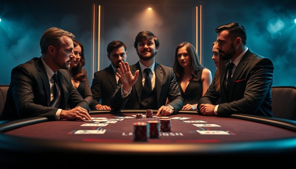 An elegant and thought-provoking image exploring the common myths and misconceptions surrounding the game of baccarat. Set against a dimly lit, sophisticated backdrop, a group of players are engaged in intense discussion, their expressions a mix of concentration and contemplation. The foreground features a central figure, hand raised in a gesture of explanation, while the middle ground showcases the game table itself, its cards and chips evoking the allure and complexity of the game. The background is shrouded in a hazy, atmospheric lighting, lending an air of mystery and intrigue to the scene. The overall composition conveys a sense of depth, movement, and the intellectual challenge of unraveling the truths and falsehoods that surround this captivating casino game.