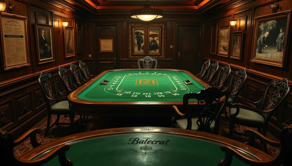 An elegant, antiquated table covered in a green felt cloth, surrounded by ornate wooden chairs. In the center, a classic baccarat table with its distinct layout of numbered positions. The dim lighting casts a warm, golden glow, evoking the atmosphere of a vintage casino. Along the walls, framed historical documents and images depict the evolution of the game, from its origins in 15th century Italy to its popularity in modern-day gambling hubs. The overall scene conveys a sense of timeless tradition and the rich heritage of the captivating game of baccarat.