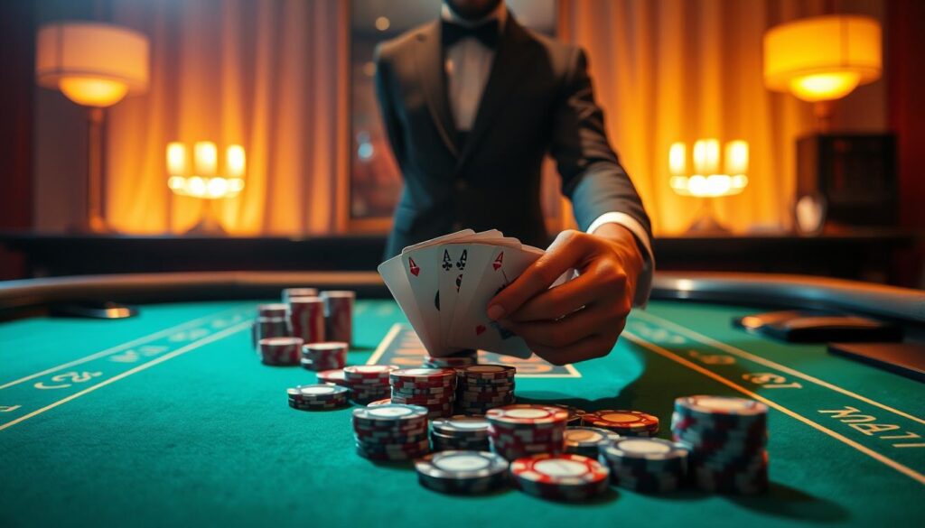 An elegant baccarat table set against a softly lit backdrop, the green felt surface gleaming under warm, diffused lighting. Meticulously arranged casino chips in various denominations sit neatly, awaiting the next round. In the foreground, a pair of dealer's hands deftly shuffles a deck of cards, the rhythmic motion hinting at the game's captivating allure. The overall atmosphere conveys a sense of refined sophistication, inviting the viewer to immerse themselves in the strategic intricacies of the legendary baccarat game and its enticing odds.