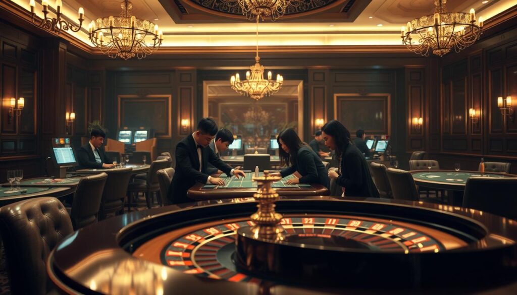 An elegant casino interior, dimly lit with soft, warm lighting that casts a rich, inviting ambiance. In the foreground, a sleek, modern roulette table takes center stage, its polished wood and felt surface beckoning players to try their luck. Surrounding the table, a group of focused, engaged players leans in, their expressions a mix of concentration and anticipation. In the middle ground, the room is populated with plush leather chairs and discreet gaming stations, creating an atmosphere of exclusivity and sophistication. The background features subtle, artful décor - ornate chandeliers, gilded accents, and a backdrop of understated luxury that evokes the allure of high-stakes gaming. The overall scene conveys the factors that draw Taiwanese players to the refined, immersive experience of online baccarat.