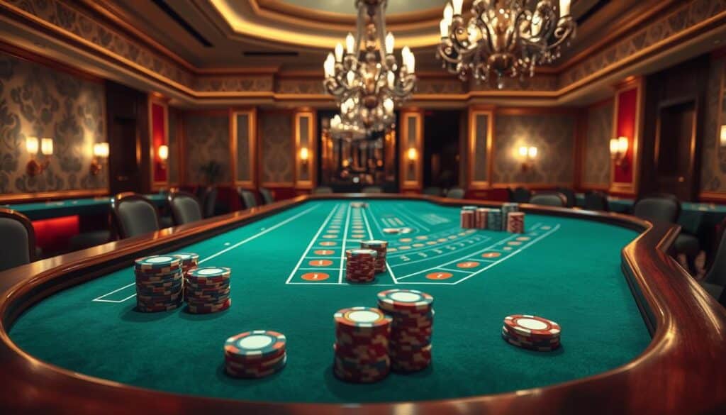 An elegant casino interior with soft, warm lighting illuminating a baccarat table. The table's green felt surface is meticulously maintained, and the wooden trim gleams with a polished sheen. Rows of casino chips, in various denominations, are neatly stacked, representing the careful capital management required for successful baccarat play. In the background, a grand, ornate chandelier casts a gentle glow, while the walls are adorned with subtle, luxurious wallpaper patterns. The atmosphere exudes a sense of refined sophistication, perfect for the strategic, disciplined approach to bankroll optimization described in the article's "Effective Capital Management Techniques" section.