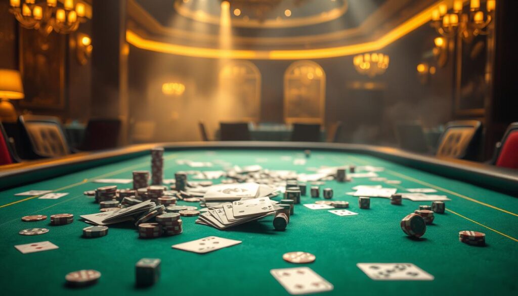 An elegant casino table bathed in warm, golden light, with a sprawling green baize surface. On the table, playing cards, casino chips, and dice are haphazardly scattered, reflecting common mistakes made by Baccarat players - overconfidence, poor bankroll management, and disregard for game mechanics. In the background, a hazy, sophisticated atmosphere evokes the thrill and risk of high-stakes gambling. The scene invites the viewer to learn from these mistakes, with a sense of quiet contemplation rather than sensationalism.