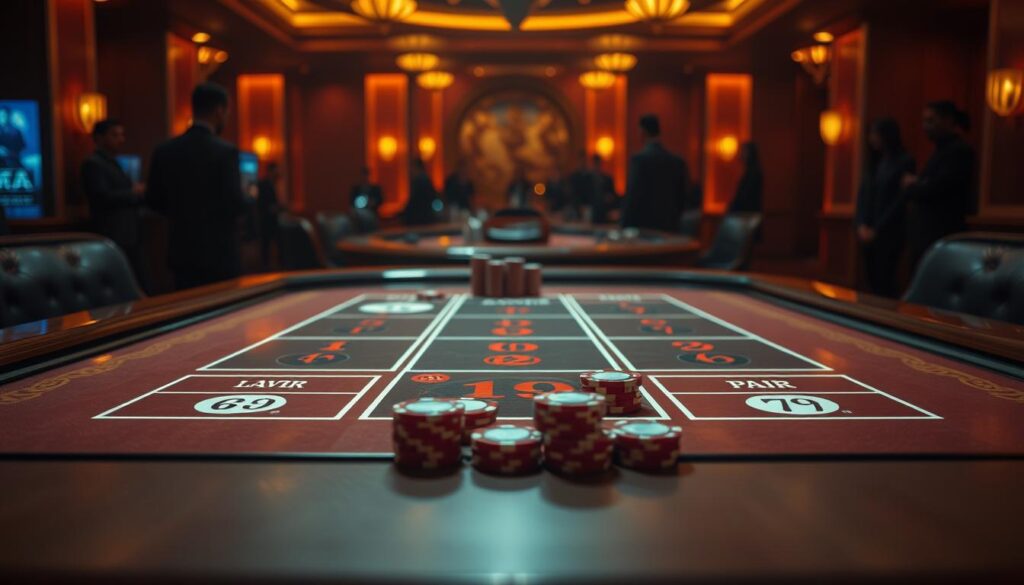 An elegant casino table set against a warm, dimly lit backdrop. In the foreground, the baccarat betting layout unfolds, its distinct sections and icons clearly defined - Banker, Player, Tie, Pair. Gleaming casino chips in a variety of denominations are scattered across the layout, inviting the player to strategize their wagers. The tabletop is crafted from polished wood, reflecting the soft glow of the overhead lighting. In the distance, the faint silhouettes of onlookers can be seen, creating an atmosphere of anticipation and excitement. The scene exudes an air of sophistication and high-stakes gaming, perfectly capturing the essence of the baccarat experience.