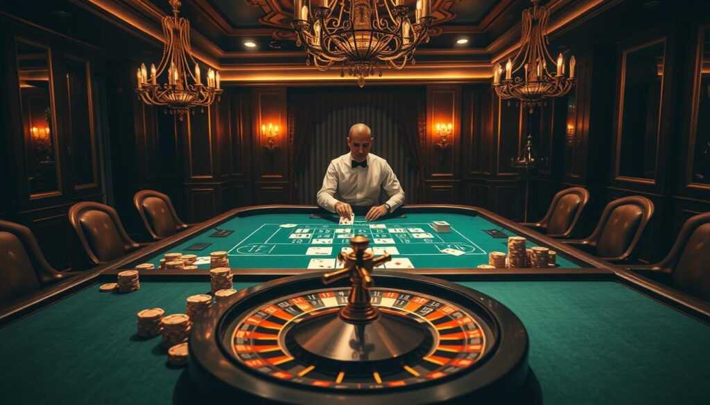 An elegant casino-themed image showcasing the various baccarat betting options. Set in a dimly lit, high-end gaming hall with a plush green baize table at the center. Rows of gilded casino chips, playing cards, and a decorative roulette wheel in the foreground, casting soft shadows. In the middle ground, a dealer in a crisp white shirt presides over the table, dealing cards with precision. The background features ornate golden chandeliers, velvet curtains, and polished wooden accents, creating an atmosphere of refined sophistication. Warm, dramatic lighting accentuates the luxurious ambiance, inviting the viewer to immerse themselves in the strategic world of baccarat.