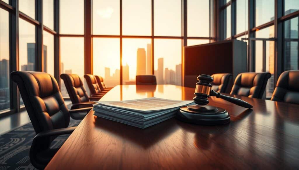 An elegant conference room with floor-to-ceiling windows, bathed in warm, natural lighting. In the foreground, a sleek, polished wooden table is flanked by plush leather chairs. On the table, a stack of legal documents and a gavel, symbolizing the importance of security and legality. The background features a cityscape with skyscrapers, suggesting the high-stakes corporate environment. The overall atmosphere conveys a sense of professionalism, authority, and attention to detail, reflecting the critical nature of the subject matter.