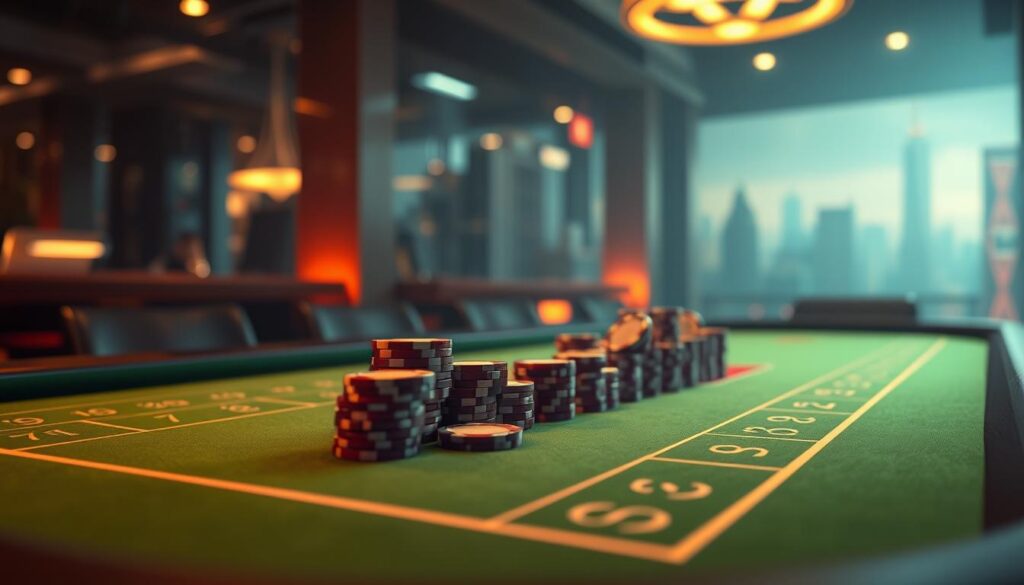 An elegant, high-definition rendering of an online baccarat game table, bathed in a warm, inviting glow. The green felt surface is impeccably smooth, with crisp, precise lines defining the betting zones. Gleaming casino chips in a variety of denominations are neatly stacked, ready for play. In the background, a softly blurred city skyline creates a sense of urban sophistication. The camera angle is slightly elevated, providing a commanding view of the table and creating an atmosphere of refined, immersive gameplay. Lighting is balanced, with strategic highlights emphasizing the table's materiality and the players' engaged expressions. This image captures the allure and advantages of the online baccarat experience.