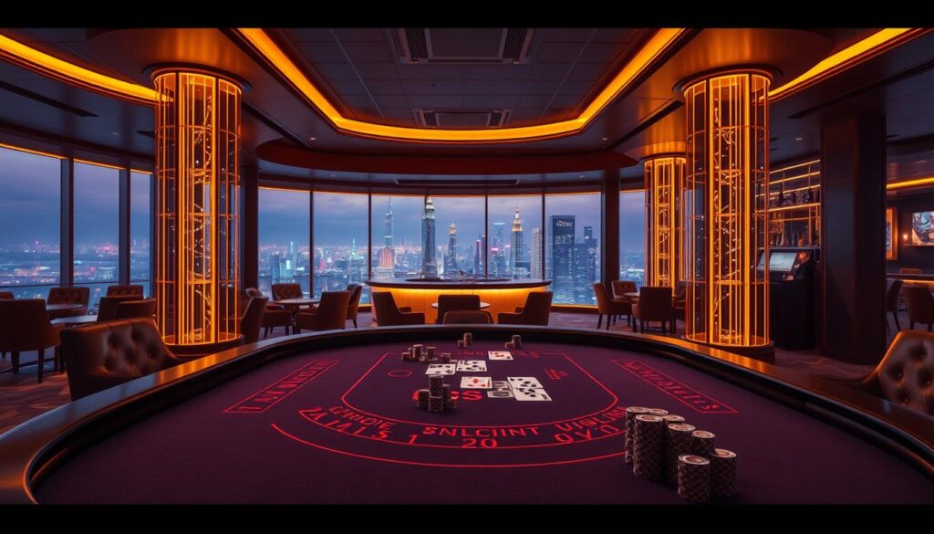 An elegant online casino interior bathed in a warm, inviting ambiance. In the foreground, a grand table showcases the alluring game of baccarat, with sleek chips and cards arranged in a visually captivating manner. The middle ground features plush leather chairs and a sophisticated bar, while the background reveals a panoramic view of a bustling city skyline, creating a sense of urban excitement. The lighting is subtle and atmospheric, casting a golden glow that enhances the luxurious atmosphere. The overall composition conveys a sense of anticipation and the promise of an immersive gaming experience.