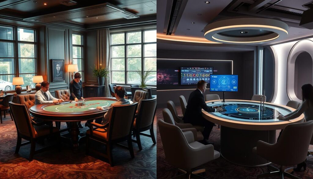 An indoor casino scene, divided into two contrasting halves. On the left, a cozy and intimate atmosphere with a traditional wooden table, plush chairs, and a croupier dealing cards. Natural light filters in through windows, casting a warm glow. On the right, a sleek, modern setting with a curved glass-top table, minimalist chairs, and a dealer interacting with players on digital screens. Soft, ambient lighting creates a futuristic ambiance. The two sides showcase the distinct experiences of playing baccarat in a physical casino versus an online platform, emphasizing the comparative elements of traditional and digital gameplay.