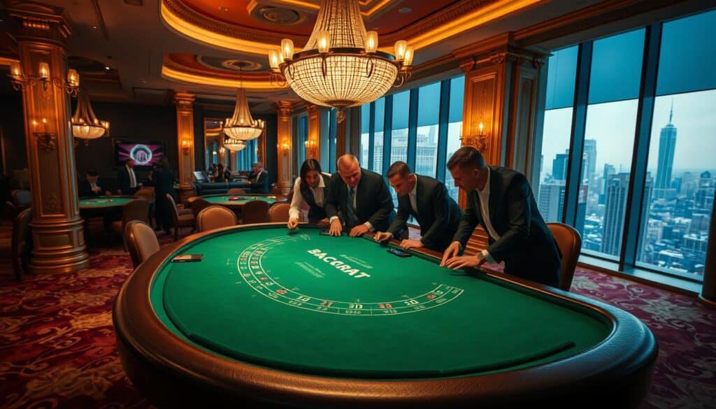 An interior scene depicting the classic casino game of Baccarat. In the foreground, a green felt table with a curved edge, inviting players to gather around and place their bets. Elegant chandeliers hang overhead, casting a warm, ambient glow across the scene. In the middle ground, smartly dressed players lean in, engaged in the thrill of the game, their faces lit by the table's dynamic lighting. The background features the luxurious trappings of a high-end casino, with plush carpeting, ornate columns, and floor-to-ceiling windows overlooking a bustling city skyline. The overall atmosphere exudes sophistication, excitement, and the allure of the iconic game of Baccarat.
