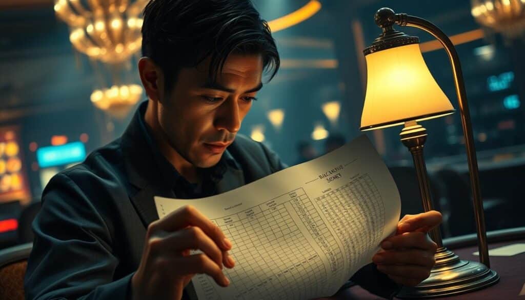 An intricately detailed image of a gambler carefully studying a baccarat score sheet, known as a "路紙", in a dimly lit casino. The player's face is illuminated by the soft glow of a table lamp, their eyes intently focused on the subtle patterns and trends recorded on the paper. The background is a hazy, atmospheric scene of the casino floor, with the faint sounds of shuffling cards and clinking glasses creating a sense of immersion. The lighting is cinematic, casting dramatic shadows and highlights that accentuate the intensity of the moment. The camera angle is slightly elevated, giving the viewer a sense of observing the scene from a discreet vantage point, as if witnessing a private ritual of strategic contemplation.