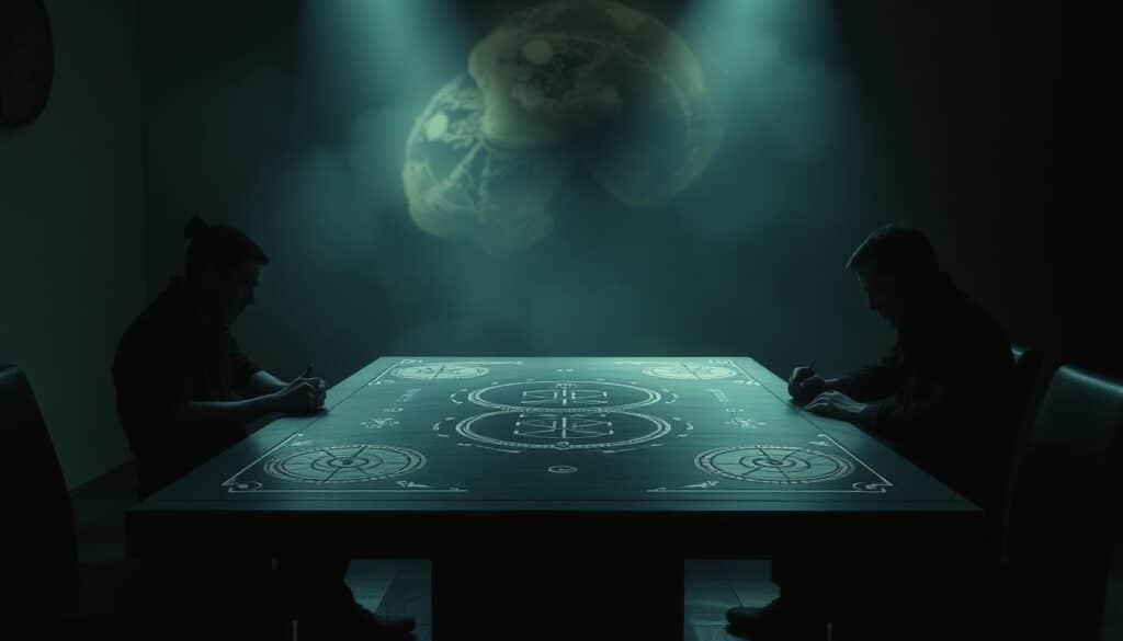An intriguing psychological game board suspended in a dimly lit, moody atmosphere. In the foreground, a sleek, minimalist game table in dark wood, its surface etched with arcane symbols and patterns. Shadowy figures sit around it, their faces obscured, engaged in an intense, silent battle of wits. The middle ground features a hazy, dreamlike background, with abstract shapes and textures suggestive of the subconscious mind. Dramatic chiaroscuro lighting casts deep shadows, creating a sense of mystery and tension. The overall composition evokes the cerebral, intuitive nature of this unique casino game, where strategy and mental acuity are the key to victory.