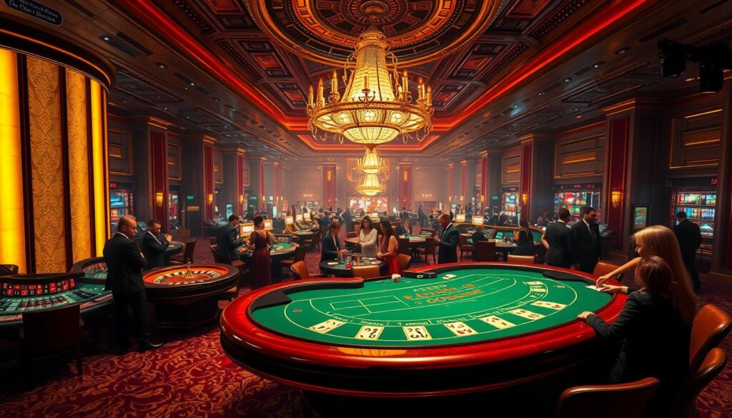 An opulent casino interior, bathed in a warm, inviting glow. In the foreground, a baccarat table is the focal point, its green felt inviting players to try their luck. The table is surrounded by well-dressed patrons, their faces alight with anticipation as the cards are dealt. The middle ground reveals a sea of gaming tables, each offering their own unique thrills - from the fast-paced roulette wheel to the tense card games. In the background, a grand, ornate chandelier casts a gentle light over the entire scene, creating an atmosphere of excitement and sophistication. The overall mood is one of high-stakes entertainment, where fortunes can be won or lost in a matter of moments.