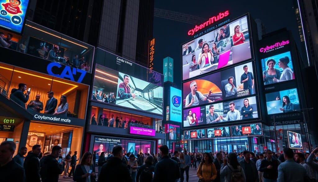 An urban cityscape at night, with a bustling online community hub in the foreground. The building's exterior is adorned with glowing digital displays, neon signage, and large screens showcasing real-time interactions and conversations. Sleek, modern architecture with floor-to-ceiling windows reveals glimpses of people engaged in lively discussions, video calls, and sharing content. The streets are alive with the glow of smartphones and digital devices, creating a sense of constant, connected activity. Warm, vibrant lighting bathes the scene, complemented by the cool tones of digital interfaces. An atmosphere of dynamic, 24/7 social exchange and information sharing permeates the environment.