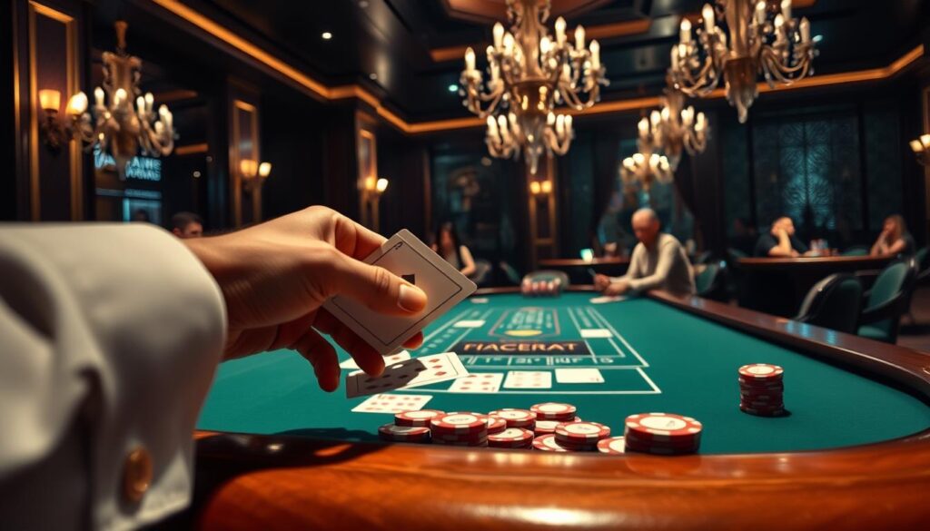 Baccarat gameplay strategy: A sophisticated casino scene set in a dimly lit, elegant environment. In the foreground, a close-up view of a person's hands confidently handling cards and casino chips, showcasing the intricate techniques of the game. The middle ground features a Baccarat table with green felt and polished wood, surrounded by players deeply engaged in the thrilling gameplay. In the background, the room is filled with the muted glow of chandeliers, creating a sense of exclusivity and high-stakes excitement. The overall atmosphere evokes the sophistication and calculated precision required to master the strategic nuances of Baccarat.