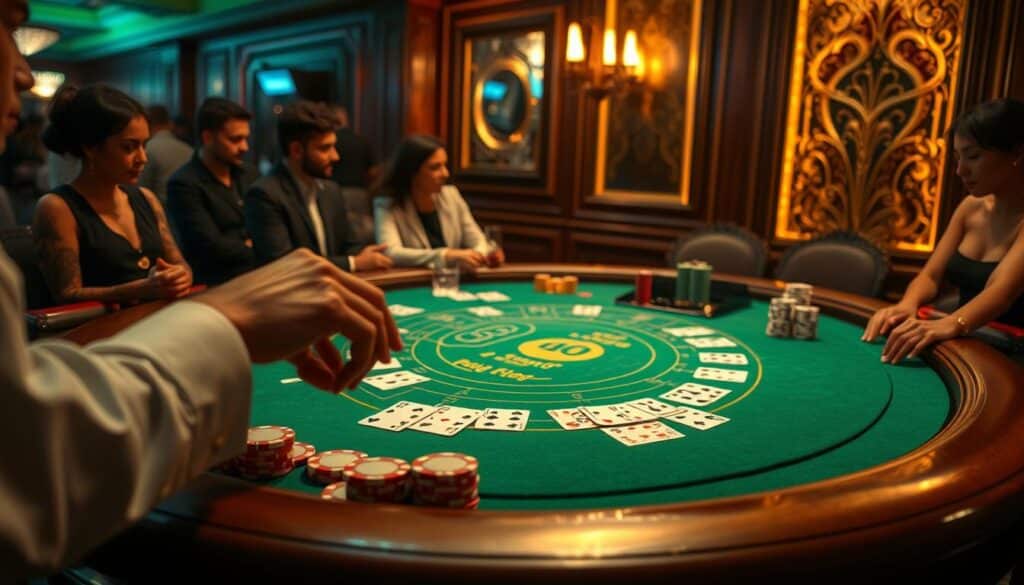 Baccarat table with elegant wood paneling and plush green felt, bathed in warm, soft lighting. Perfectly arranged playing cards, casino chips in varying denominations, and a graceful croupier's hand gesturing the game's progression. Surrounding the table, a sense of anticipation and excitement, as patrons lean in, captivated by the allure of the odds and the prospect of Lady Luck's favor. Meticulously crafted to convey the essence of the baccarat experience, a sophisticated and immersive scene that invites the viewer to contemplate the game's captivating rhythms and tantalizing payouts.