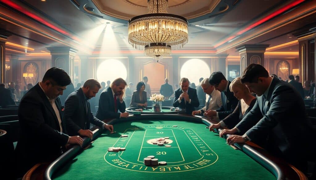 Bright casino interior with a green baize-covered baccarat table in the foreground, surrounded by elegant decor and plush furnishings. Wealthy patrons lean over the table, intently studying their cards and chips, creating an atmosphere of high-stakes excitement. Dramatic side lighting casts dramatic shadows, while a large crystal chandelier illuminates the scene from above. The overall mood is one of refined opulence and the thrill of the game.