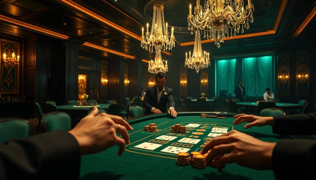 Detailed casino interior with plush green felt tables, elegant crystal chandeliers, and a sense of hushed anticipation. In the foreground, a close-up view of a baccarat table, the cards and chips arranged in a precise pattern, illuminated by warm, focused lighting. The players' hands hover over the table, poised to make their moves, while the dealer stands ready to guide the game. A moody, atmospheric scene that conveys the timeless allure and precise mechanics of the baccarat experience.