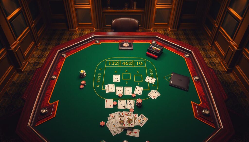 Detailed casino table with green felt surface, surrounded by elegant wooden frame. Overhead lighting casts a warm, inviting glow across the scene. Strategically placed cards, chips, and gaming tokens suggest an ongoing game of Baccarat. The table's geometric design and clean lines evoke a sense of order and precision, hinting at the complex mathematical calculations involved in developing effective gameplay strategies. An air of contemplation and concentration pervades the composition, as if the viewer is about to join in the game and learn the secrets to increased winning odds.