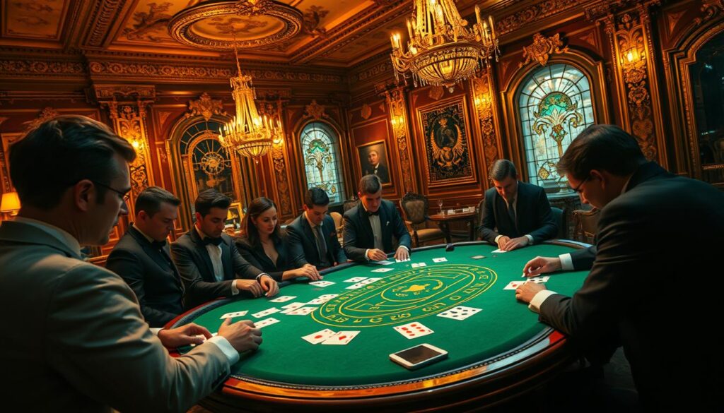 Detailed, cinematic depiction of the origins of baccarat, a classic casino card game. Vibrant 19th century European setting, opulent casino interior with ornate chandeliers, gilded furniture, and richly decorated walls. Elegantly dressed players gathered around a green baize-covered table, concentrating intently on their cards. Soft, dramatic lighting casts shadows, creating an atmosphere of sophistication and high-stakes drama. Camera angle slightly elevated, capturing the scene with a sense of grandeur and historical significance.