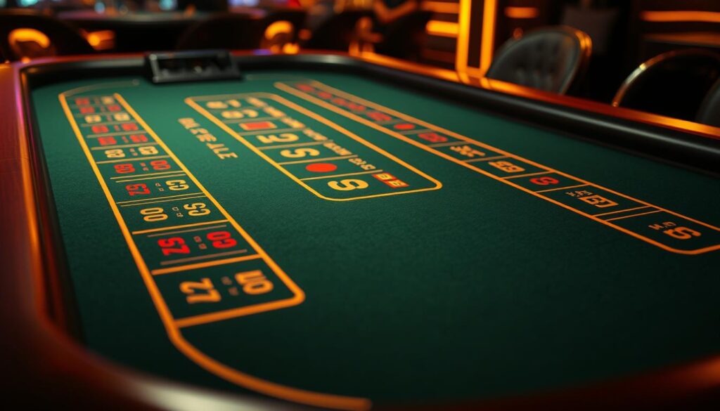 Detailed close-up of a baccarat game table, showcasing the betting layout and payouts. Illuminated by warm, soft lighting that casts an inviting, casino-like ambiance. The felt surface is meticulously rendered, with the iconic baccarat pattern and betting areas clearly visible. Subtle reflections on the tabletop create a sense of depth and realism. The camera angle is slightly elevated, providing an immersive, player's-eye perspective. The surrounding environment is gently blurred, keeping the focus squarely on the game mechanics and payouts displayed on the table.
