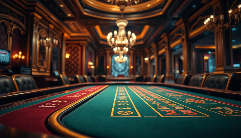 Detailed close-up of a classic casino baccarat table, with a green felt surface and gilded trim. Crisp lighting evenly illuminates the scene, casting a warm, inviting glow. Elegant, ornate casino decor in the background, hinting at the grandeur and exclusivity of the gaming experience. The table is empty, awaiting the arrival of players, evoking the anticipation and excitement of a high-stakes baccarat game. The composition emphasizes the table's central role, inviting the viewer to imagine themselves at the table, ready to try their luck at this timeless casino classic.