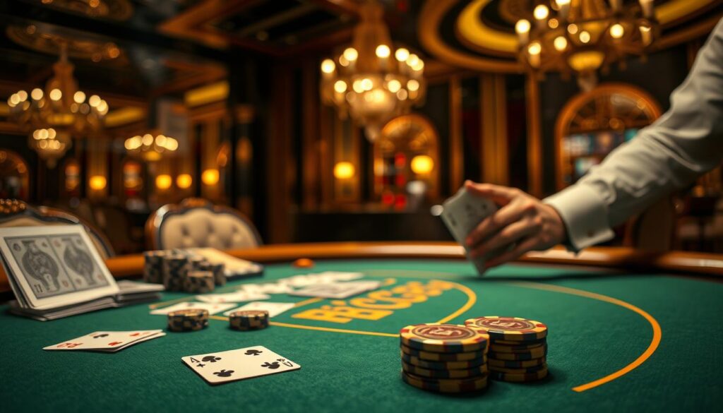Detailed close-up view of a casino gaming table with green felt surface, oak trim, and a classic baize design. The table features the iconic Baccarat logo and is illuminated by warm, ambient lighting casting a sophisticated, high-stakes atmosphere. In the foreground, playing cards and casino chips are strategically arranged, conveying the tactical nature of this fast-paced card game. The middle ground showcases the dealer's hands skillfully shuffling and dealing the cards, while the background blurs into a hazy, elegant casino interior with ornate chandeliers and plush furnishings, evoking a sense of luxury and refined gameplay.